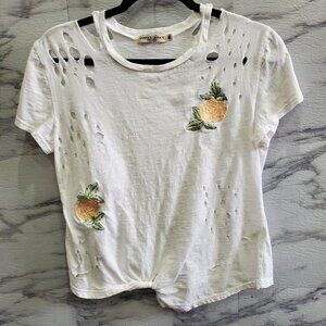 Chance Or Fate Crop Top Womens Size M White Cut Out Tie Waste Peach Embroidery
